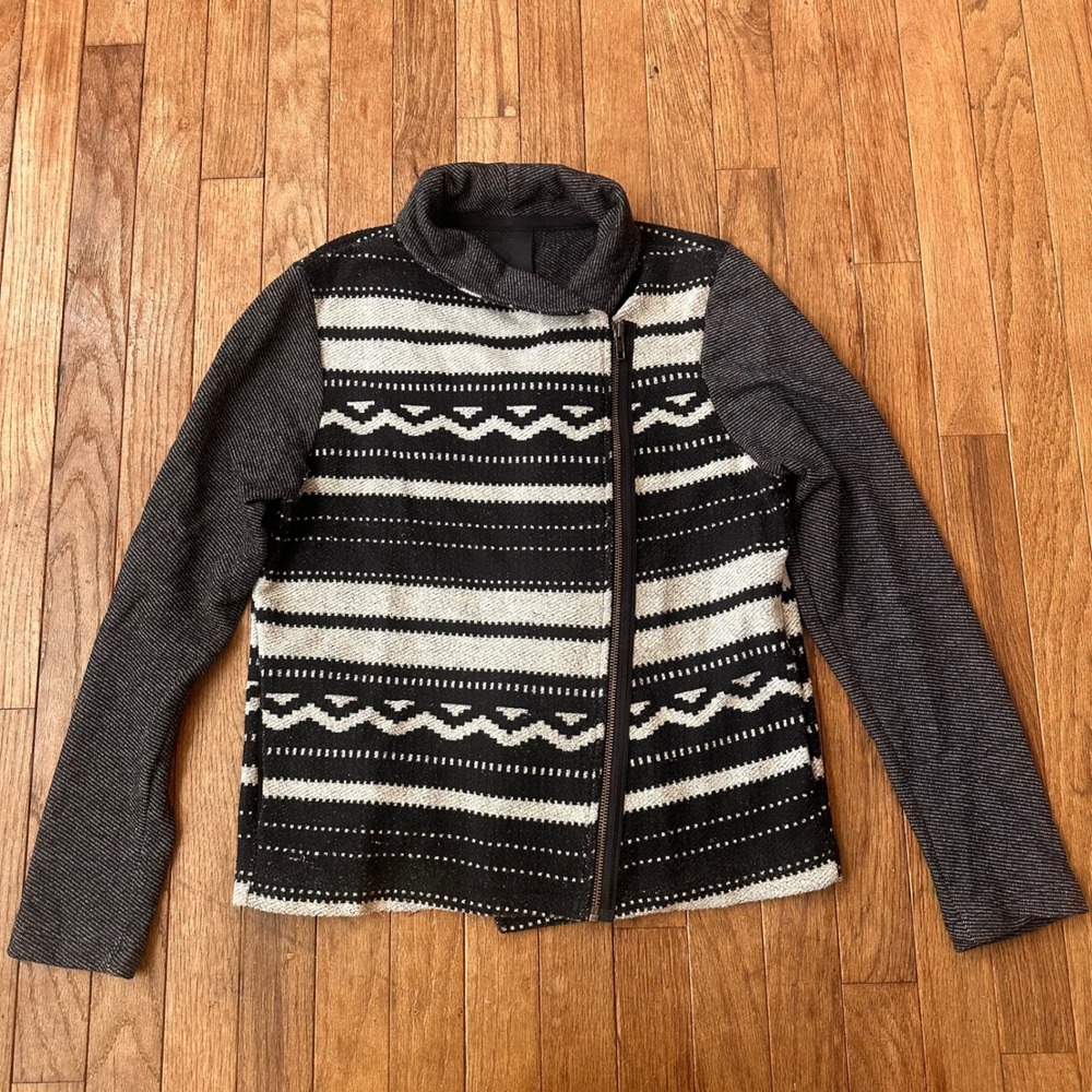 Anthropologie Moto Jacket Women L Asymmetrical Zip Southwestern Black White USA - Picture 1 of 7